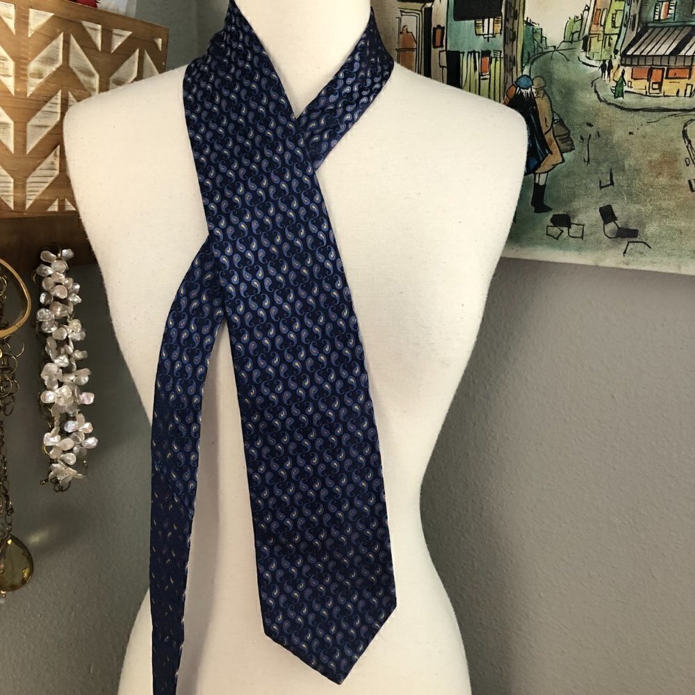 XMI Umbria Silk Necktie Men's Navy & Cobalt with Gold Hand Made Tie - NEW